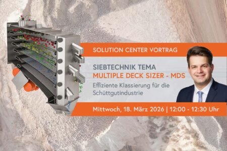 Infografik für einen Fachvortrag von SIEBTECHNIK TEMA über den Multiple Deck Sizer (MDS). Der Vortrag mit dem Titel „Effiziente Klassierung für die Schüttgutindustrie“ findet im Solution Center am Mittwoch, 18. März 2026, von 12:00 bis 12:30 Uhr statt. Auf dem Bild ist eine visualisierte Siebmaschine und ein Porträtfoto des Referenten Stefan Bormann zu sehen.